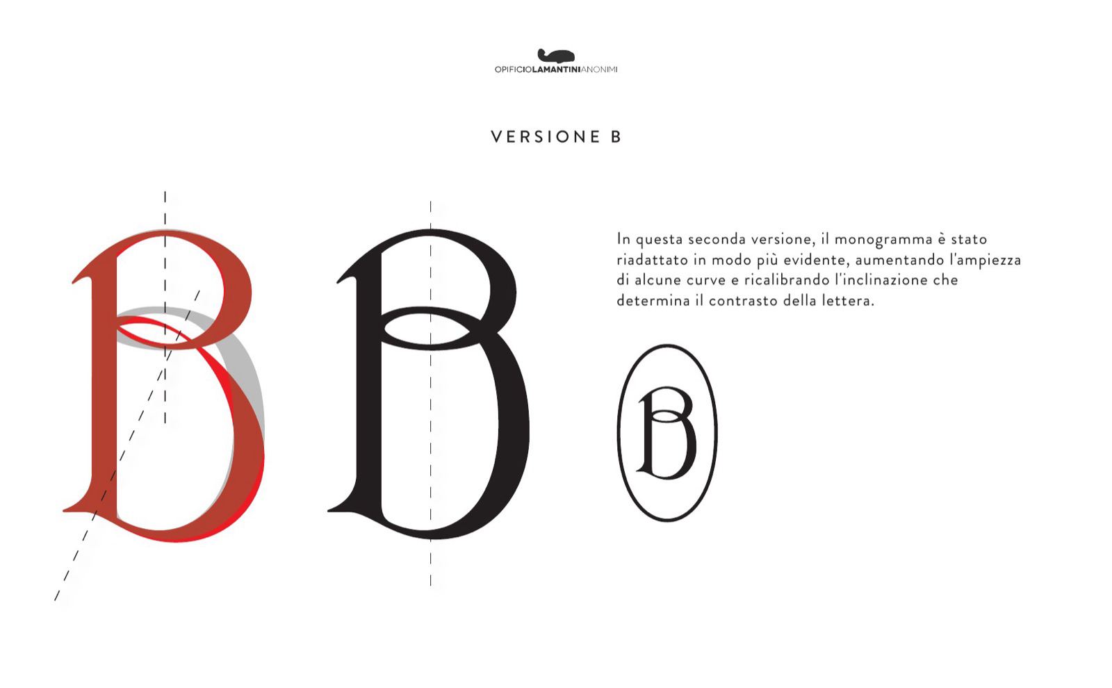 Slide della versione B del monogramma: curve più ampie e inclinazione ricalibrata