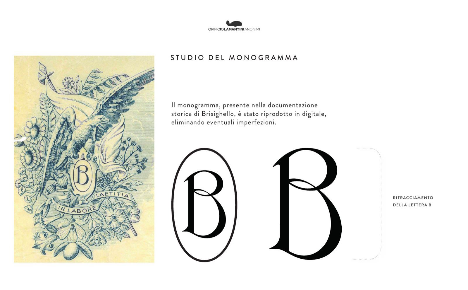 Slide dello studio del monogramma: l’incisione storica accanto alla B ritracciata