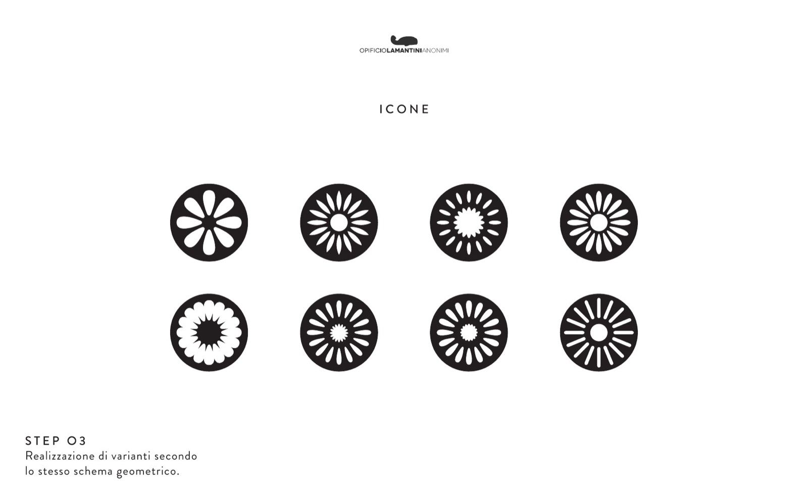 Slide con otto varianti di icona costruite sullo stesso schema radiale