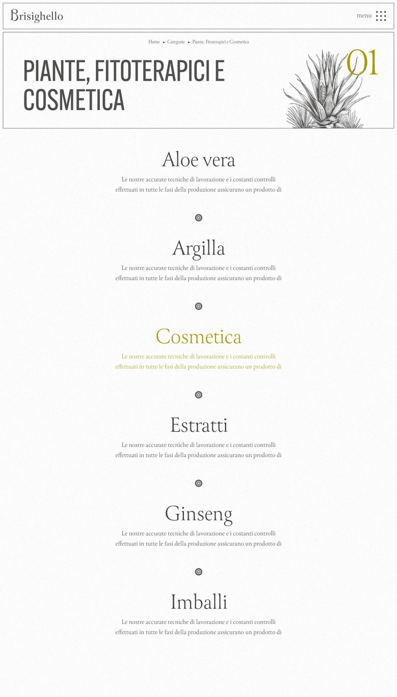 Sito brisighello.it, la pagina di categoria Piante, fitoterapici e cosmetica
