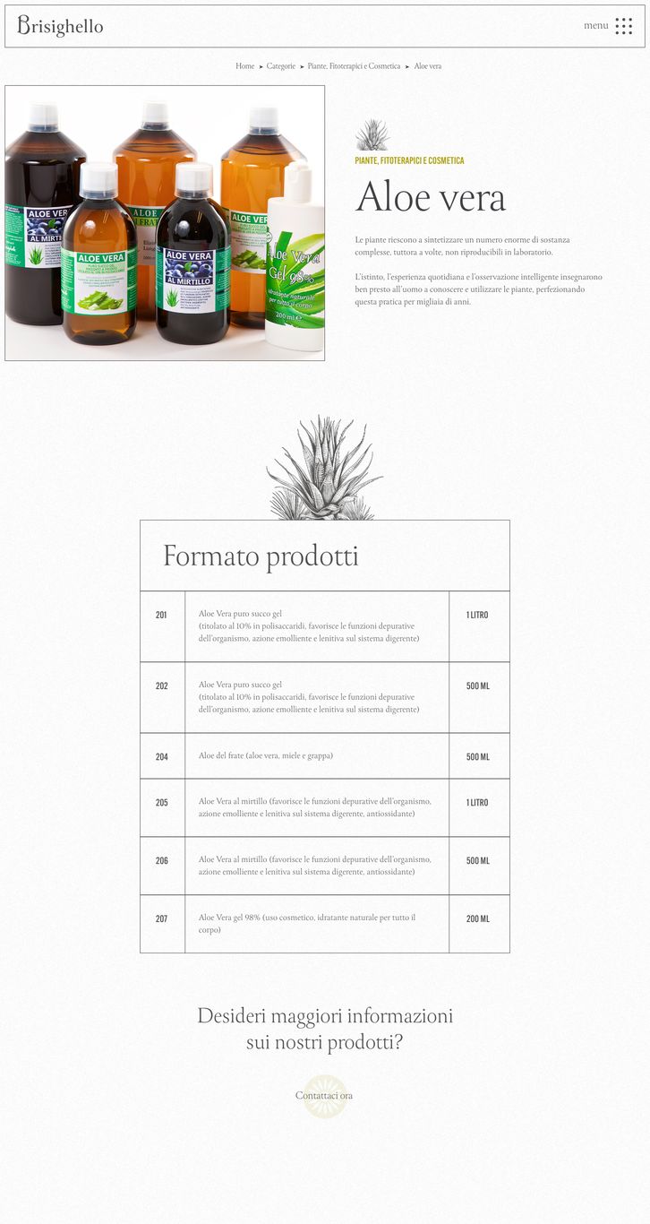 Sito brisighello.it, la scheda prodotto dell’aloe vera