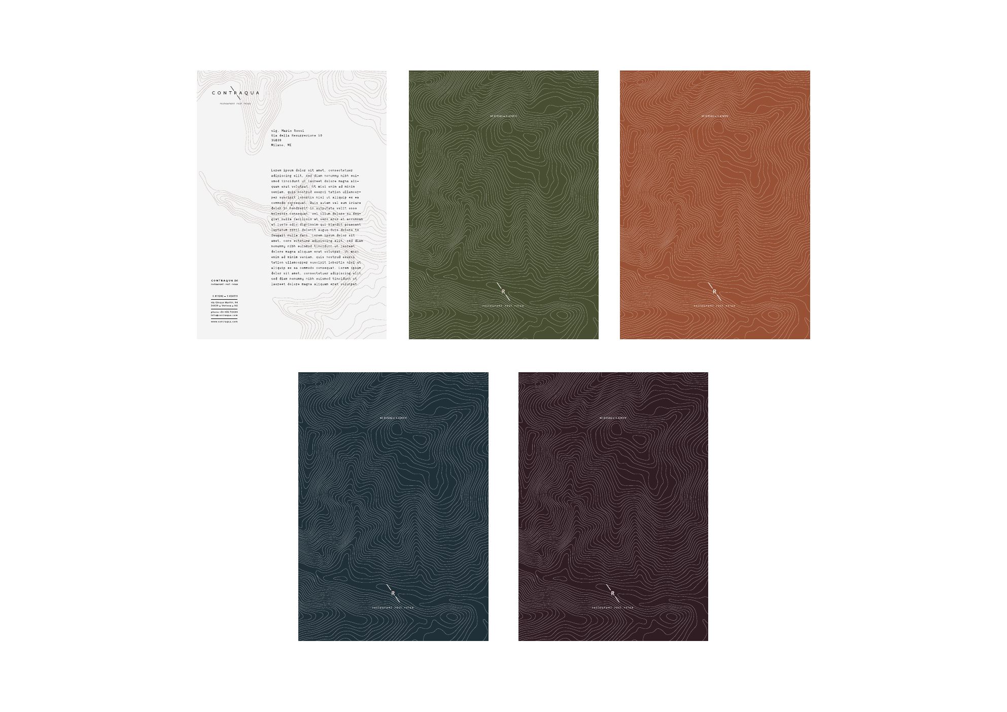 Contraqua letterhead with a texture of lines in green, rust, blue and plum