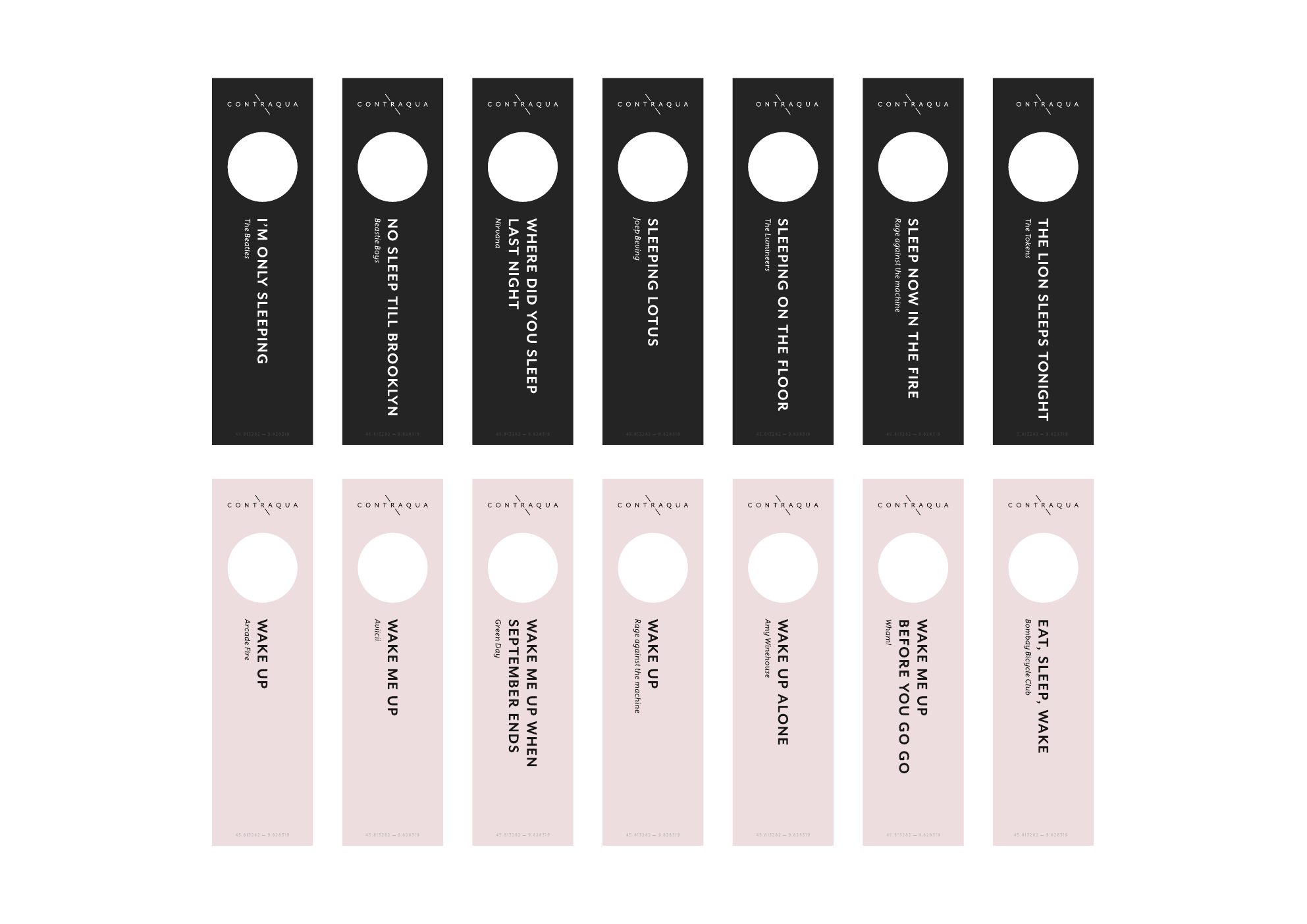 The Contraqua room door hangers in seven versions, black and pink