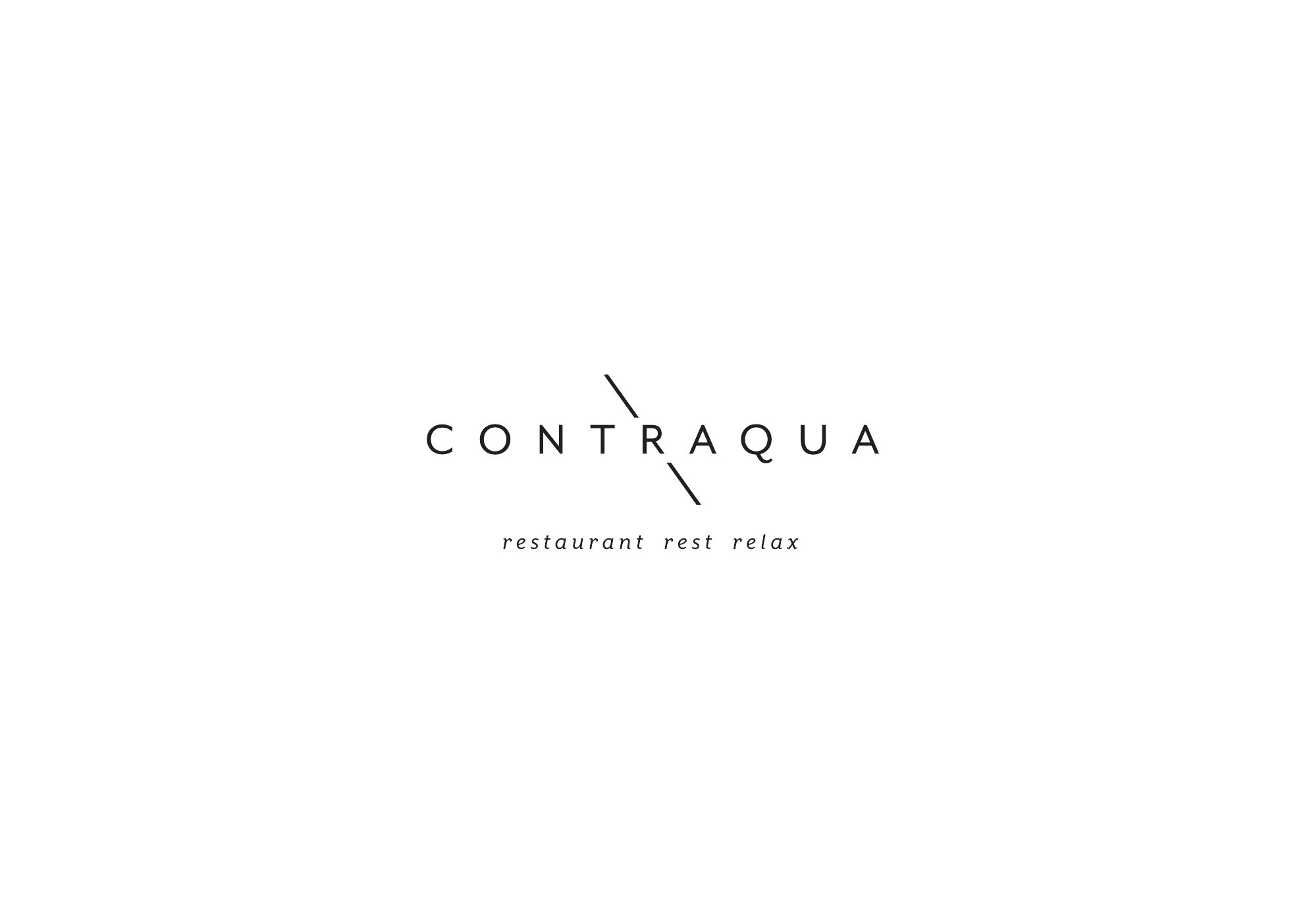 The Contraqua logo: a widely spaced logotype crossed by a diagonal line, with the words restaurant rest relax