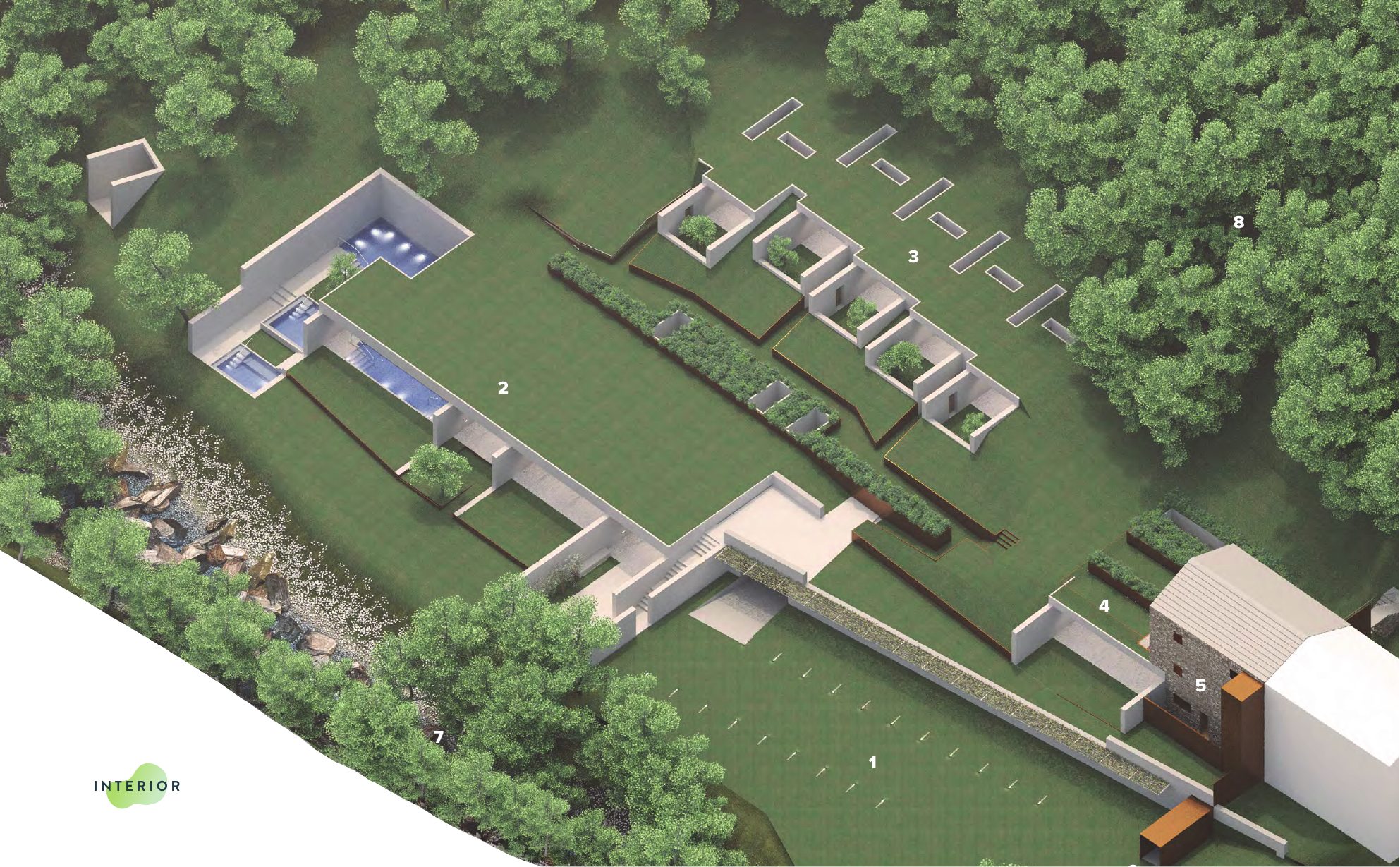 Aerial view of the Contraqua complex with the key numbers: car park, spa, rooms at the edge of the woods, restaurant, bed & breakfast, stream and woods