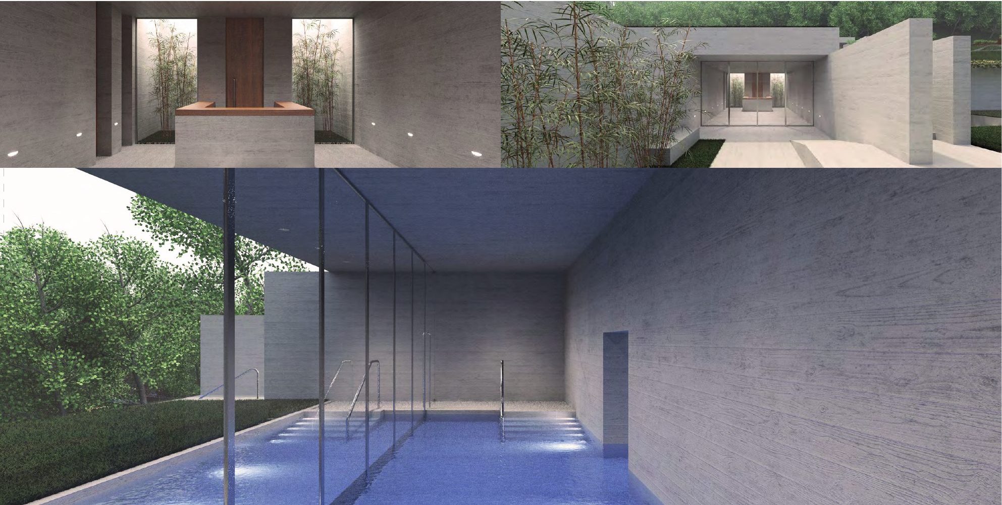 Render of the Contraqua spa: the entrance among the bamboo and the indoor pool with a glass wall facing the woods