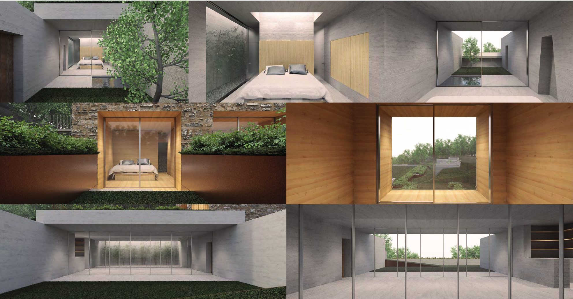 Render of the rooms in the woods: wood and concrete rooms with large windows onto the greenery