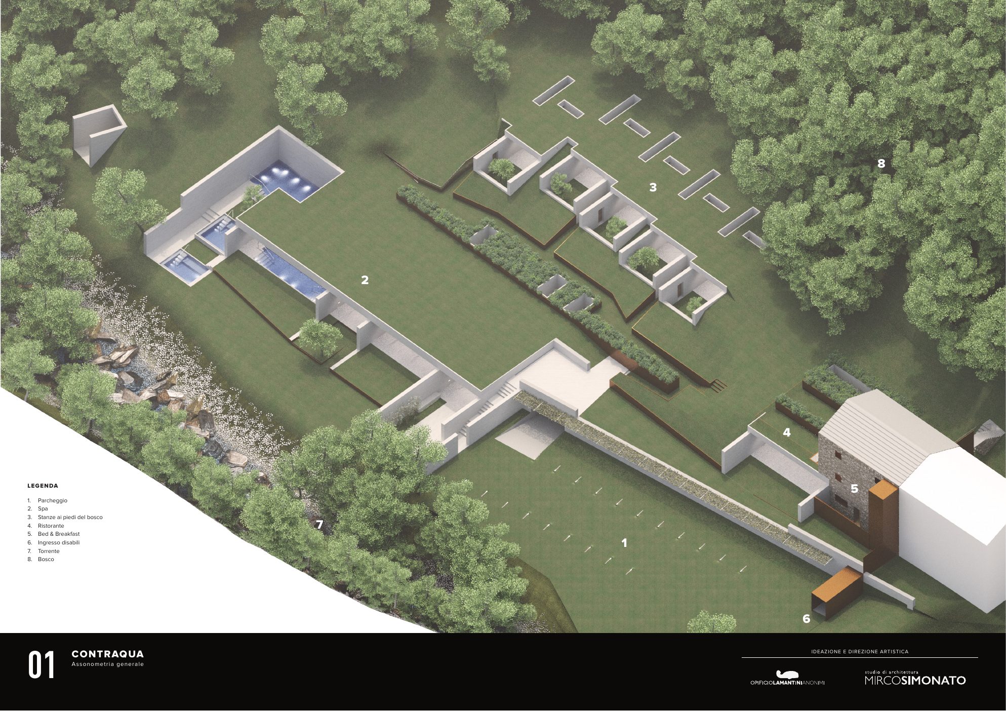 Contraqua project board 01: aerial view of the complex with the key