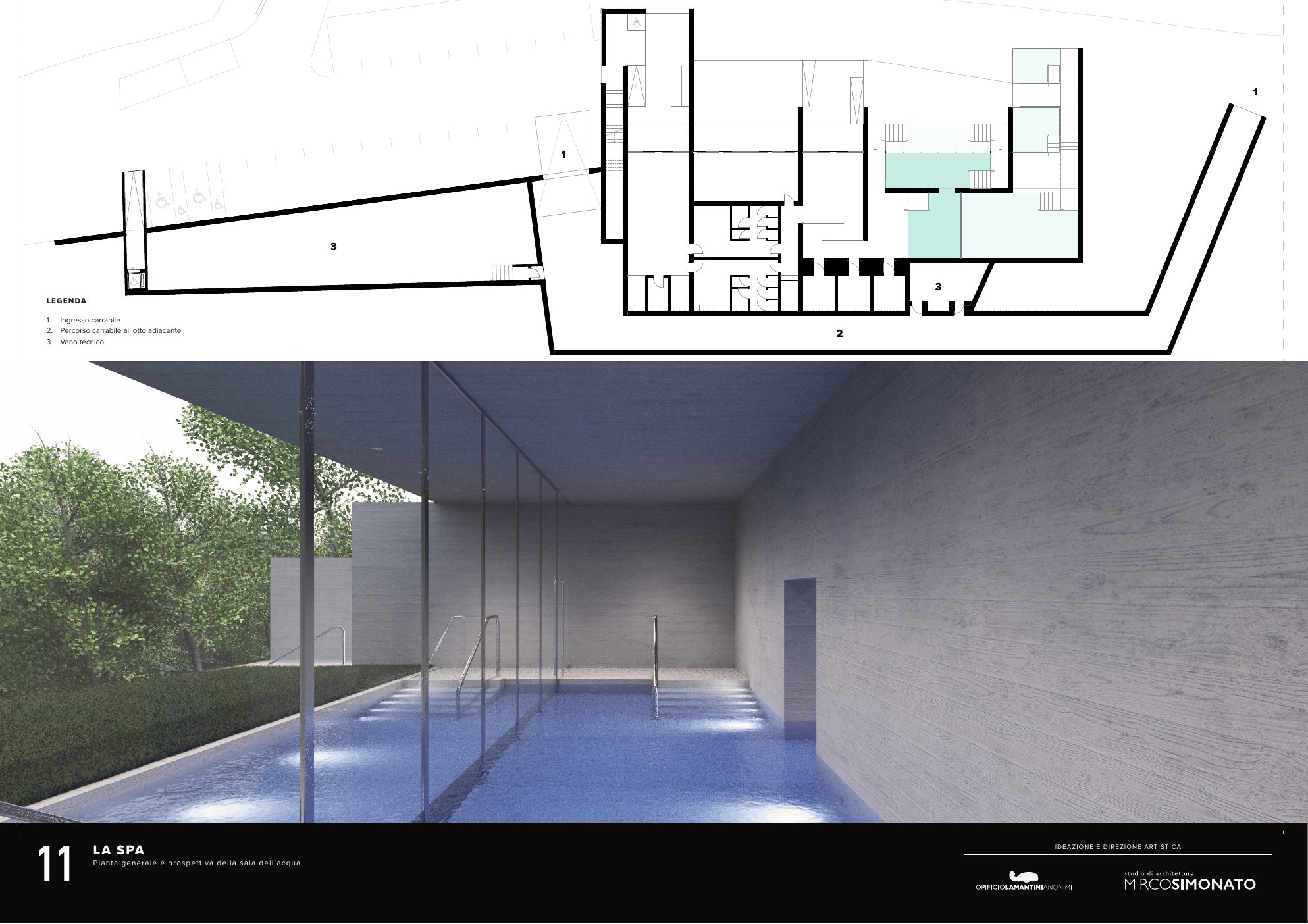 Board 11, the spa: floor plan and view of the indoor pool