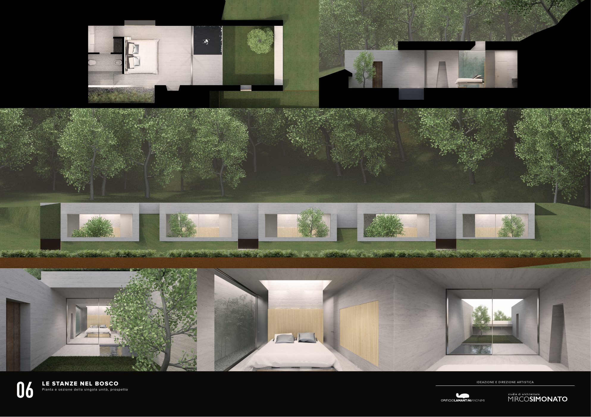 Board 06, the rooms in the woods: sections and interior and exterior views