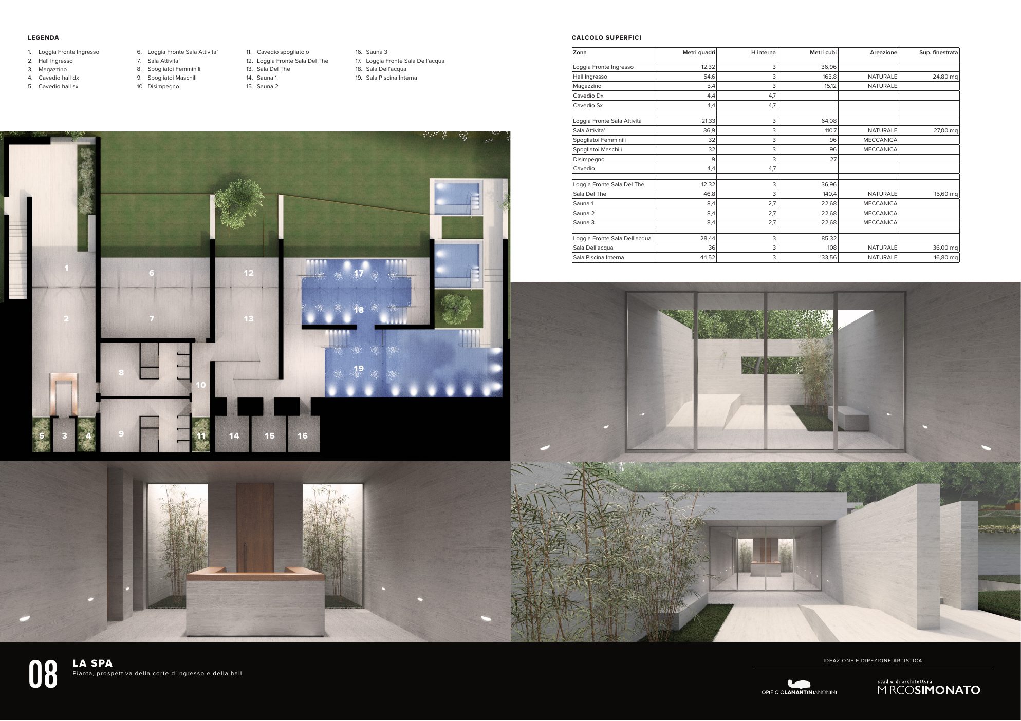 Board 08, the spa: floor plan, table of areas and views