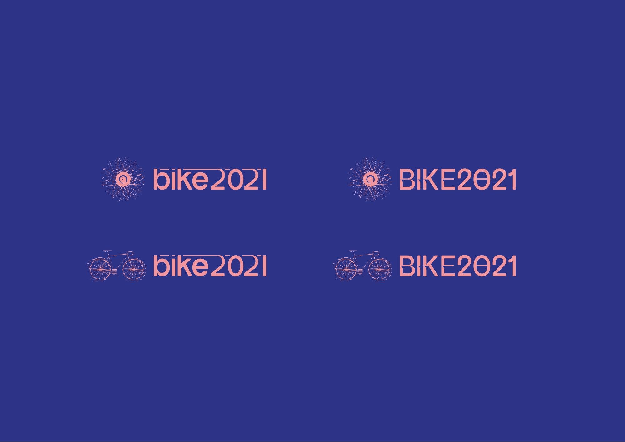 Il marchio BIKE2021 in quattro versioni, in rosa su fondo blu
