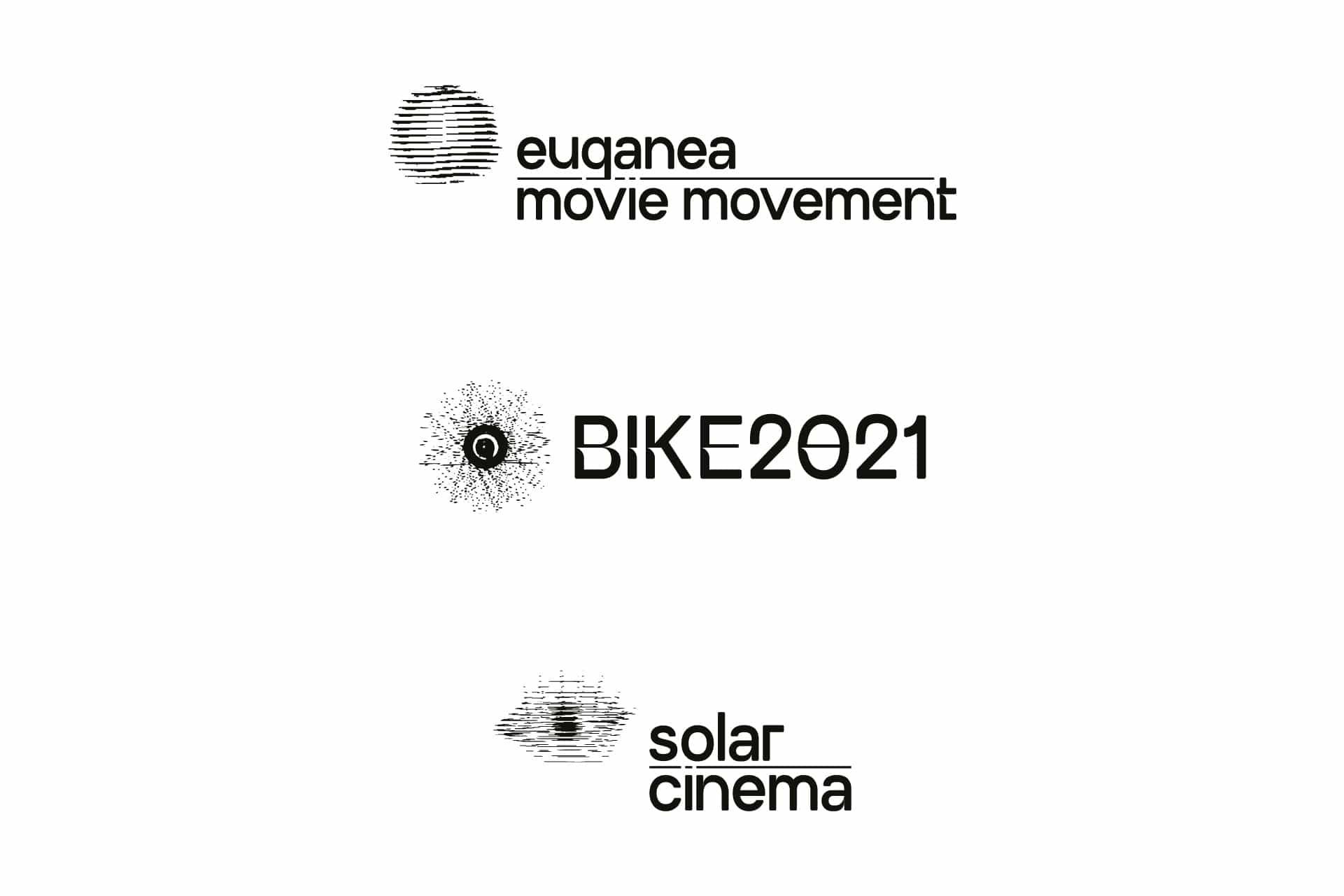 I marchi di Euganea Movie Movement, BIKE2021 e Solar Cinema, ognuno con il suo simbolo a righe