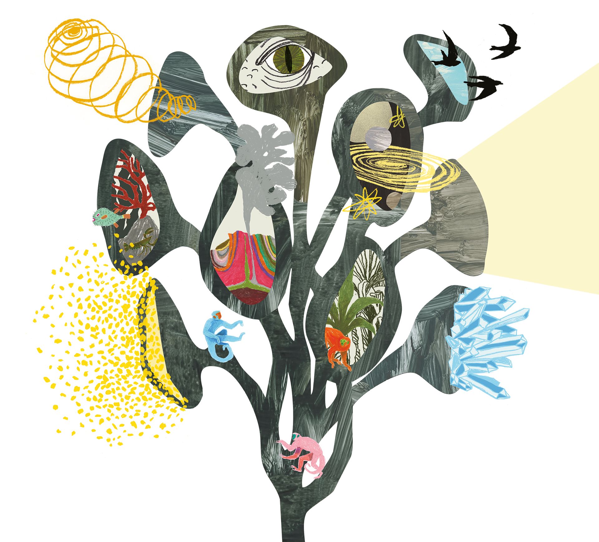 L’illustrazione di Anna Marzuttini per il 2024: la pianta di Multiversi con occhi, uccelli e un fascio di luce