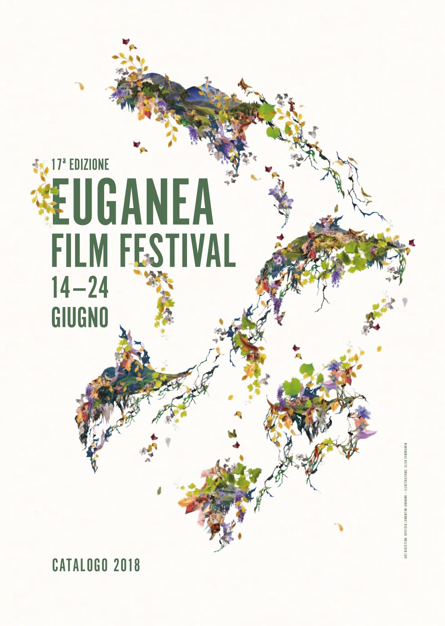 Copertina del catalogo 2018 dell’Euganea Film Festival con l’illustrazione di Elisa Vendramin: forme di colline fatte di foglie e fiori