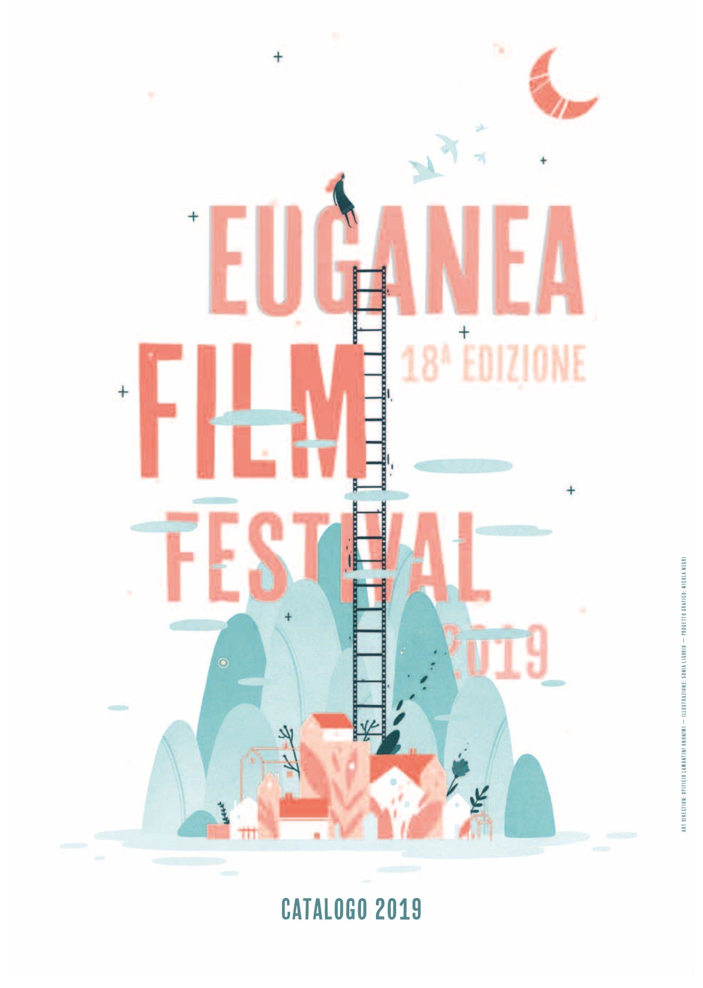 Copertina del catalogo 2019 con l’illustrazione di Sonia Ligorio: una scala a pioli tra le lettere del festival e i Colli Euganei in azzurro