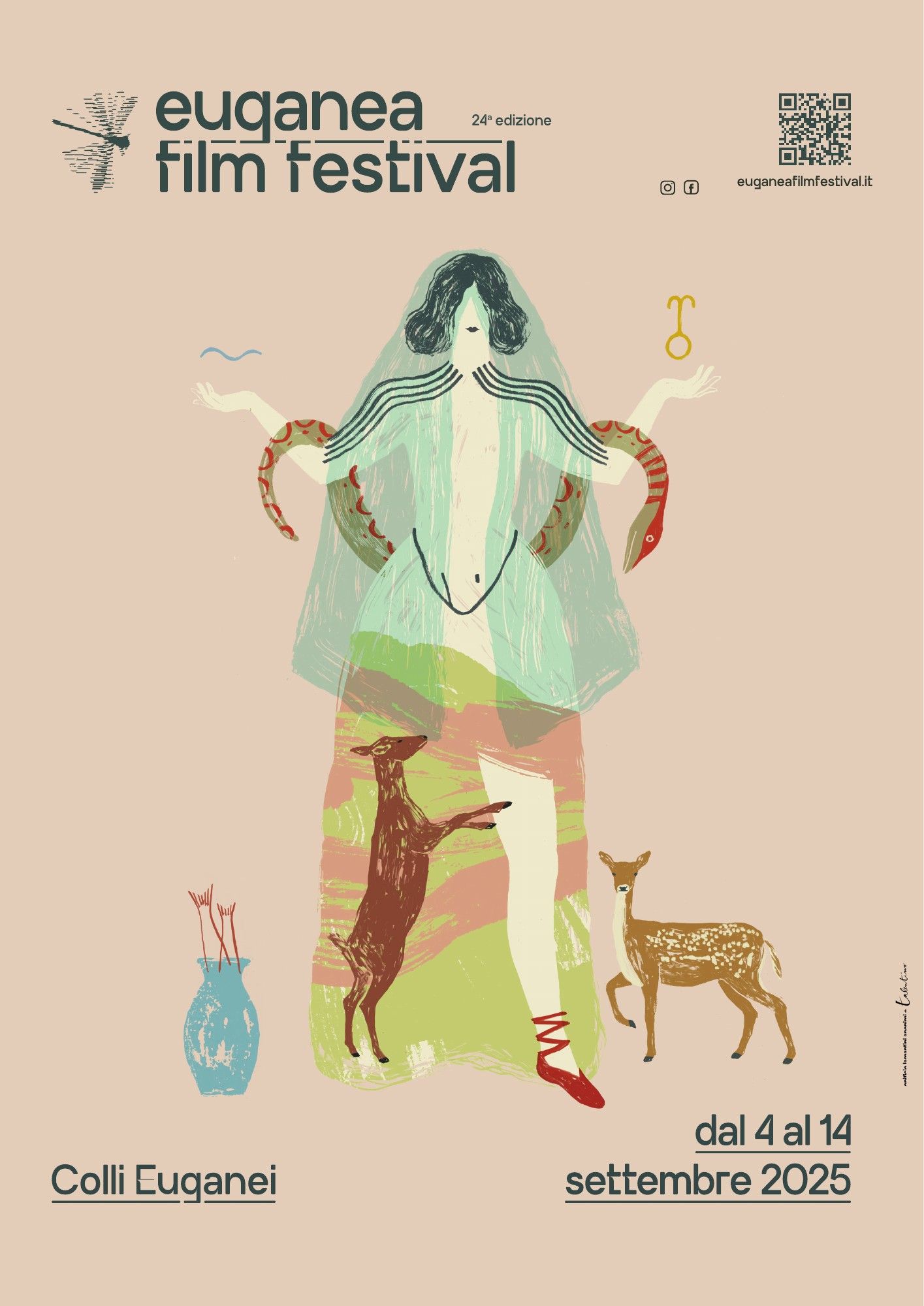 Locandina 2025 dell’Euganea Film Festival con Reitia di Elisa Talentino: una figura femminile con un cervo e un capriolo