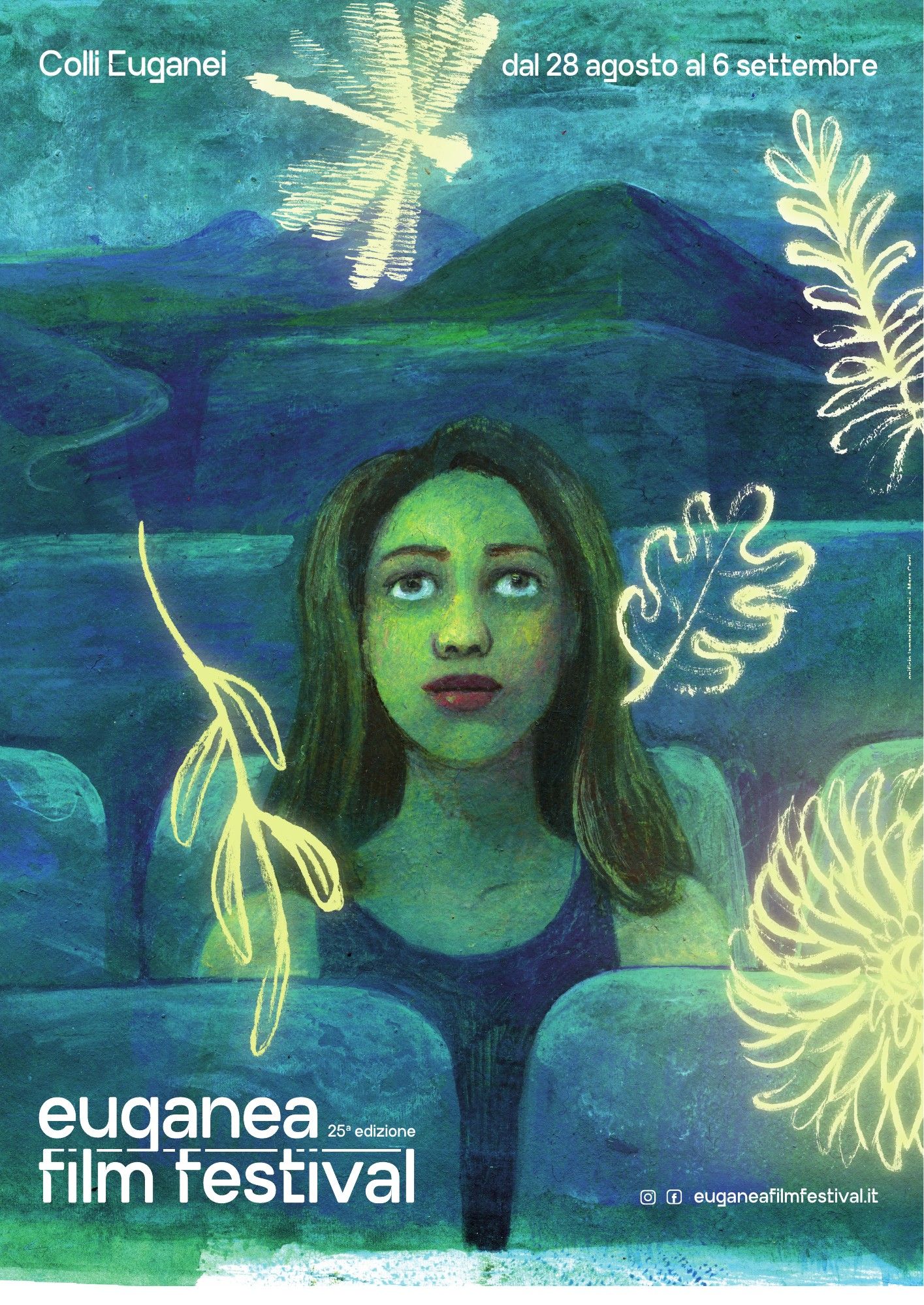 Locandina 2026 dell’Euganea Film Festival con l’illustrazione di Mara Cerri: una ragazza seduta in sala tra foglie luminose