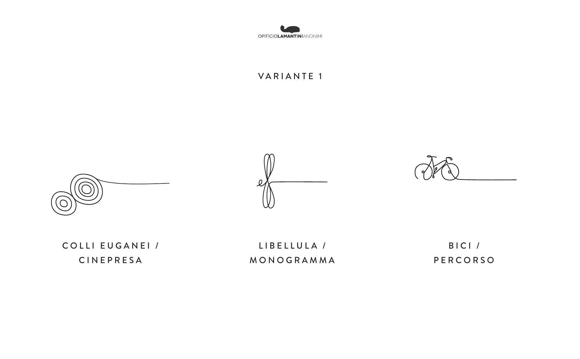 Proposta a linea singola: colli, libellula e bici disegnati con un solo filo