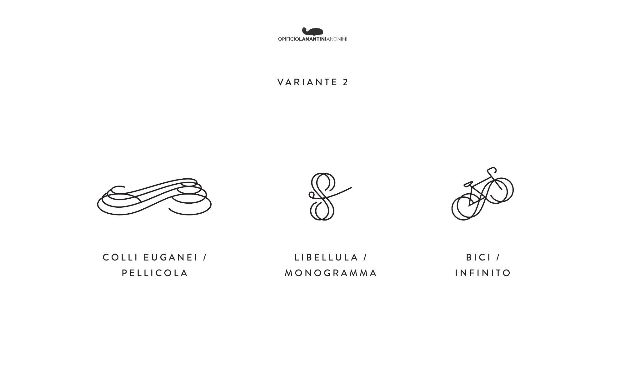 Seconda variante a linea singola: colli come pellicola, libellula come monogramma, bici come infinito