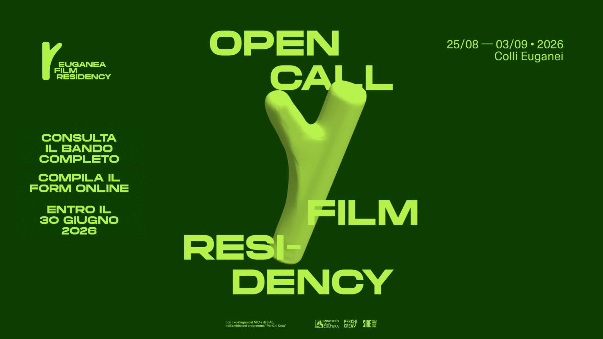 Grafica della open call 2026 della Euganea Film Residency, in verde acido su verde scuro