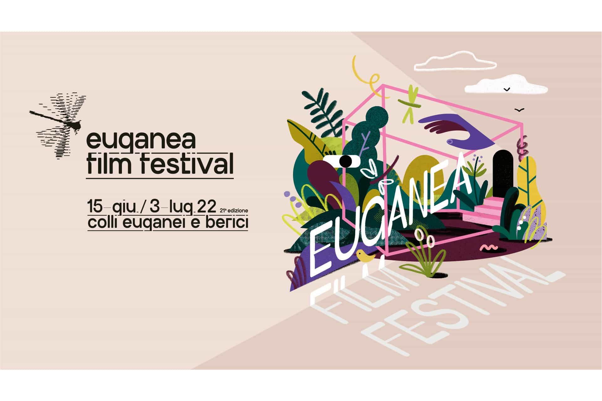 Il visual 2022 dell’Euganea Film Festival con la libellula a righe e le date, 15 giugno – 3 luglio, Colli Euganei e Berici