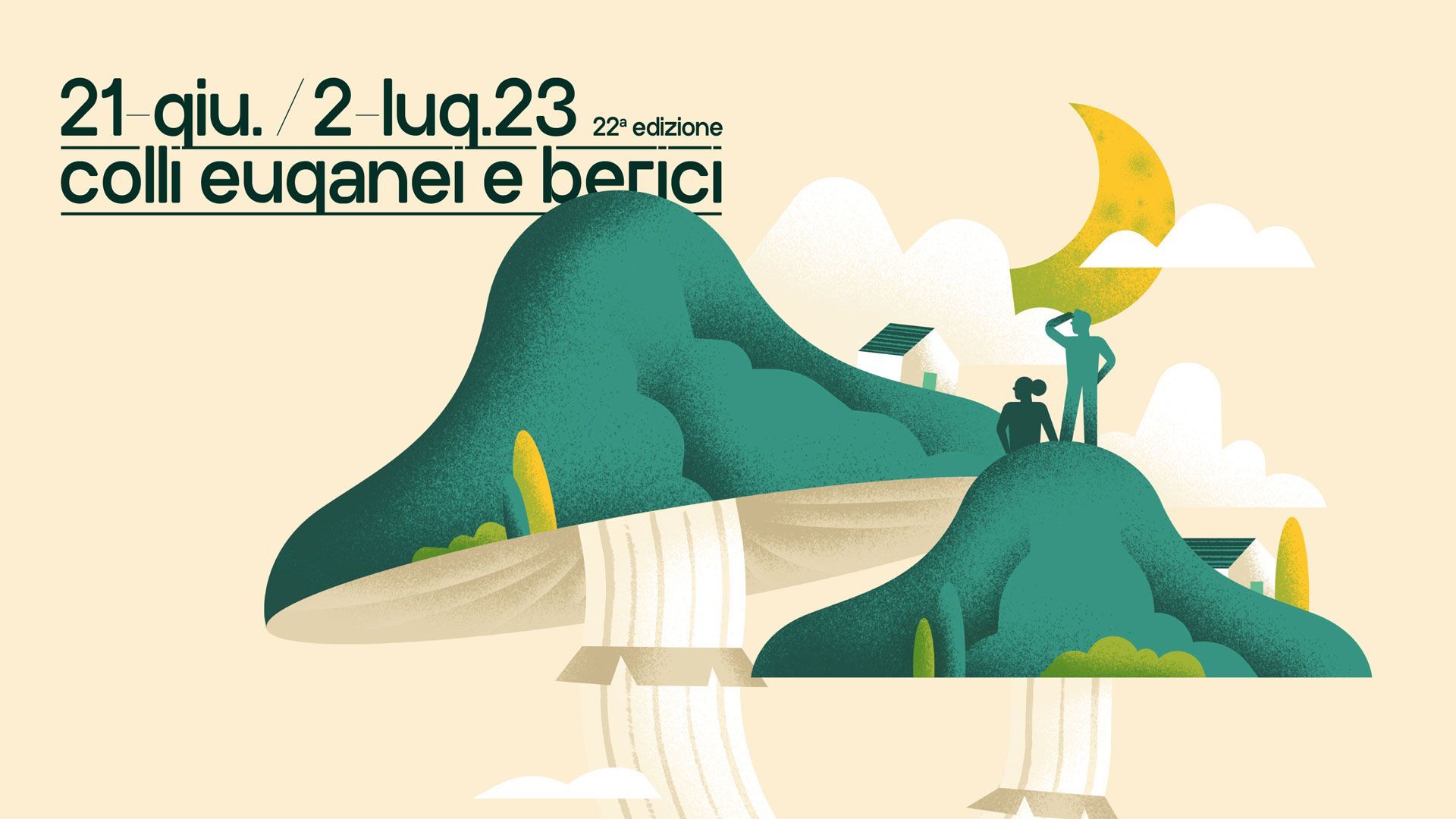 Il visual 2023 dell’Euganea Film Festival, illustrazione di Daniele Simonelli: colli verdi a forma di fungo sotto la luna