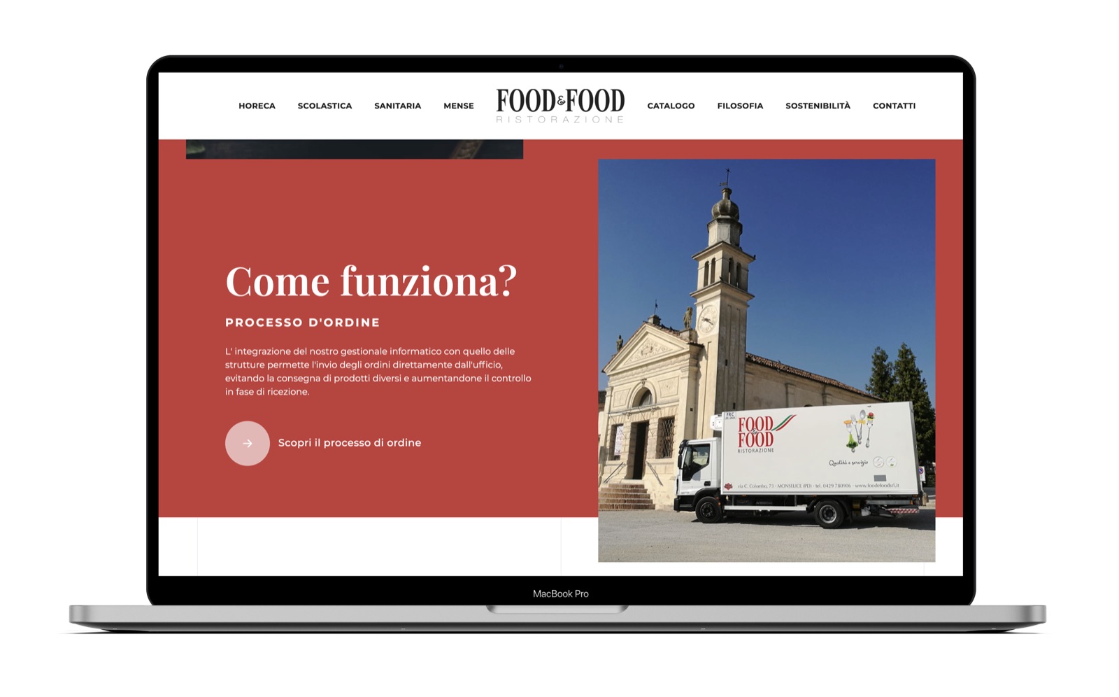 La sezione Come funziona del sito Food&Food su portatile, con un camion Food&Food davanti a una chiesa