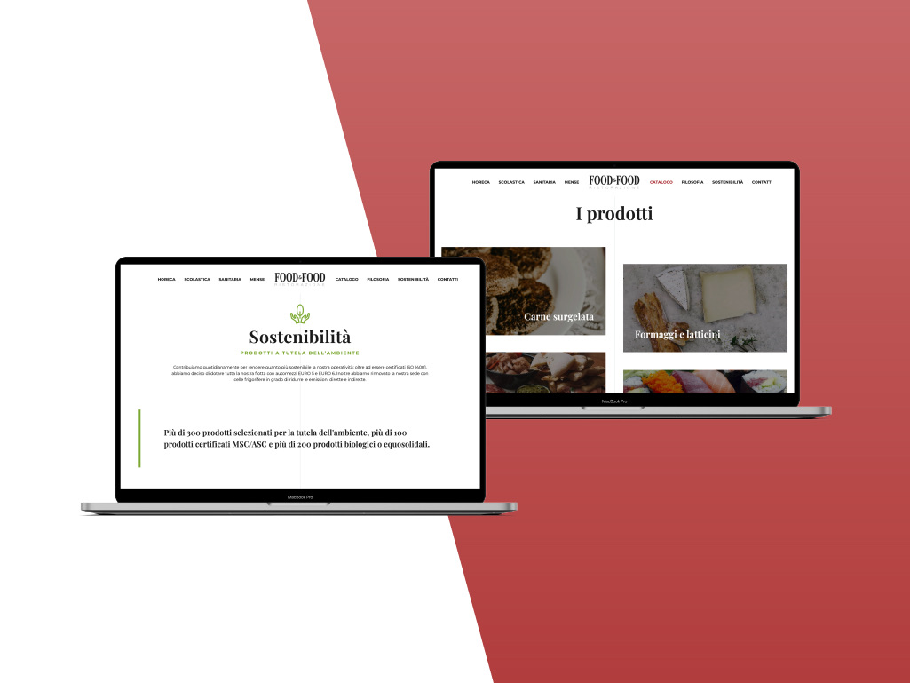 Le pagine Sostenibilità e I prodotti del sito Food&Food su due portatili