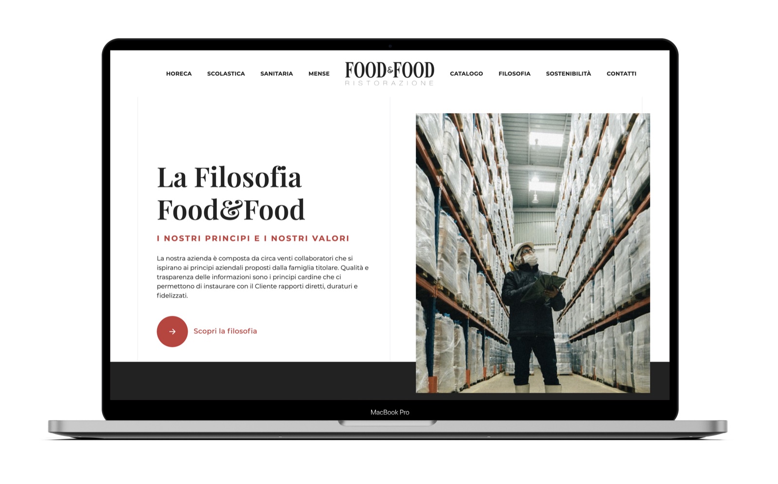 La sezione La filosofia Food&Food su portatile, con la foto di un magazzino