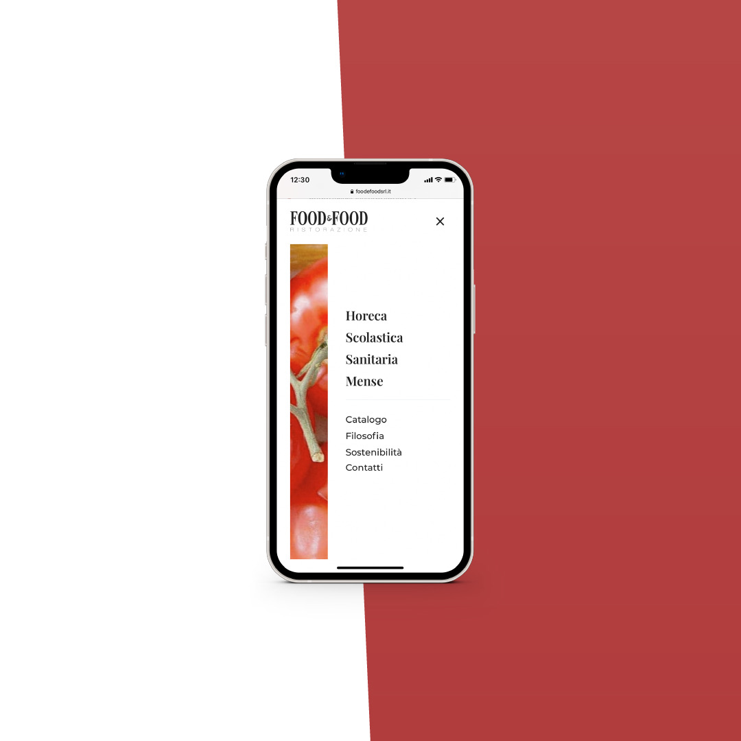 Il menu mobile del sito Food&Food: Horeca, Scolastica, Sanitaria, Mense in grande, poi Catalogo, Filosofia, Sostenibilità, Contatti