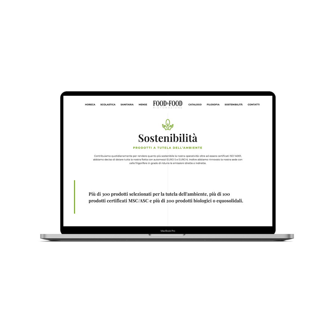 La pagina Sostenibilità del sito Food&Food su portatile, con il verde al posto del rosso