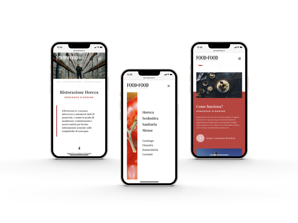 Tre schermate mobile del sito Food&Food: pagina Horeca, menu aperto e sezione Come funziona