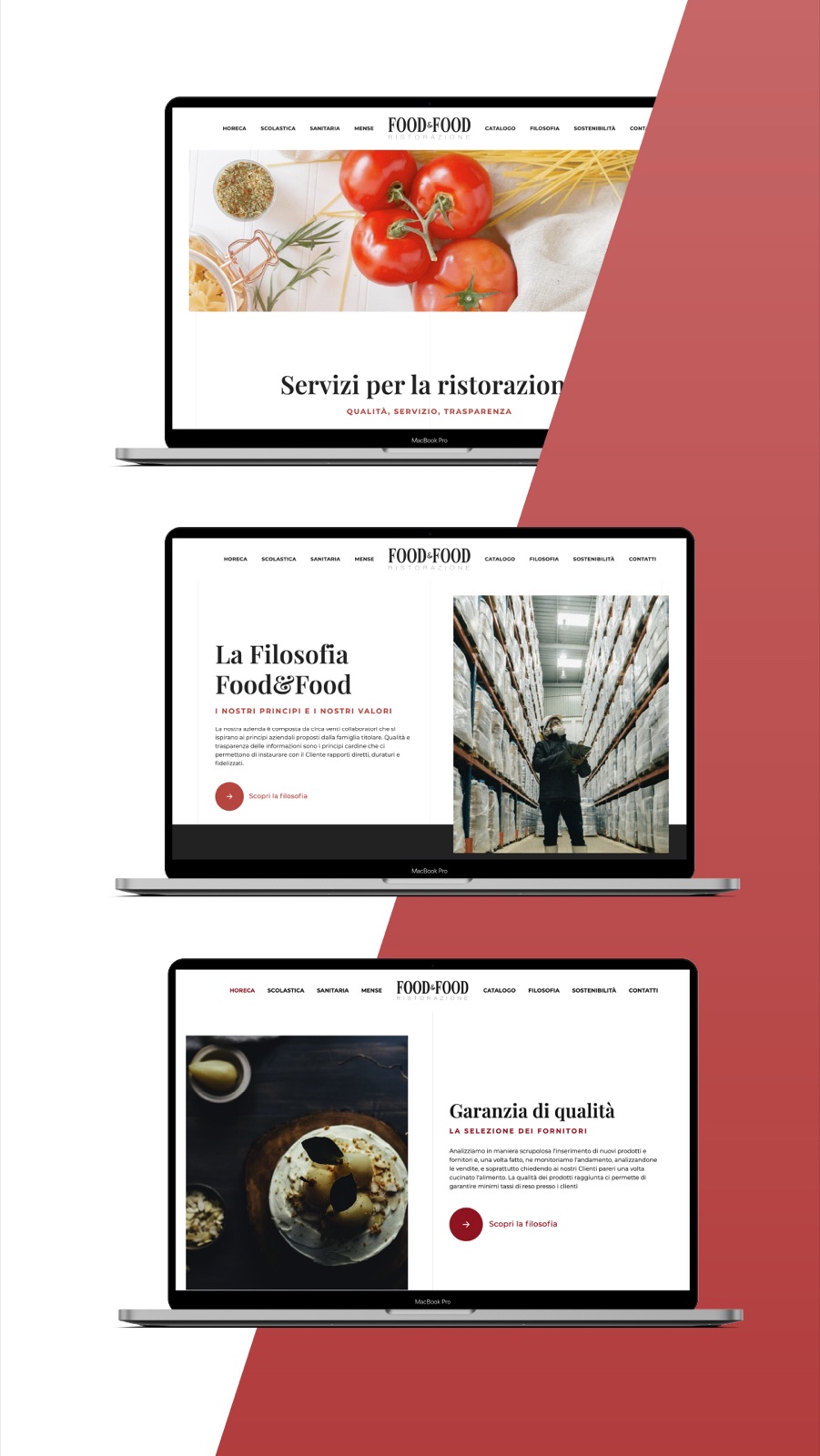 Tre pagine del sito Food&Food su portatile: home, filosofia e garanzia di qualità