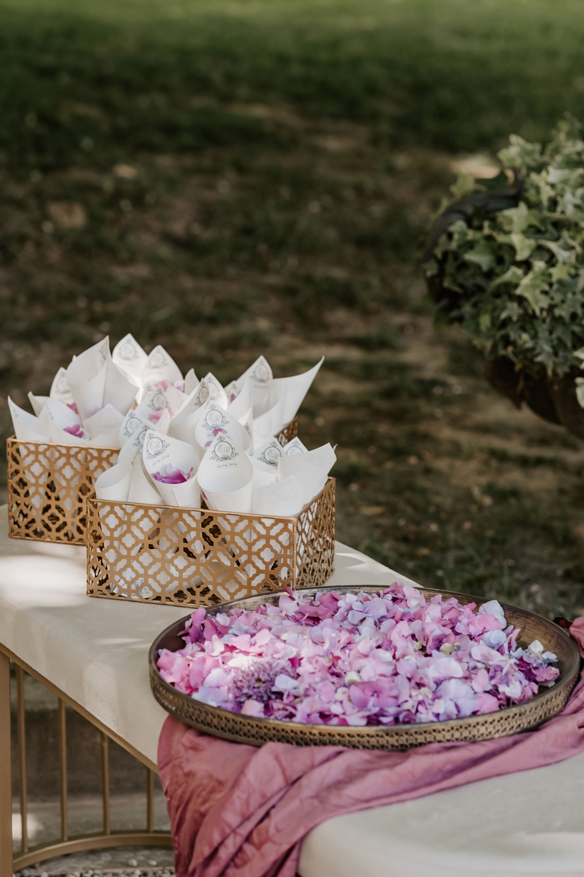 Coni portariso e petali di rosa in un vassoio di ottone