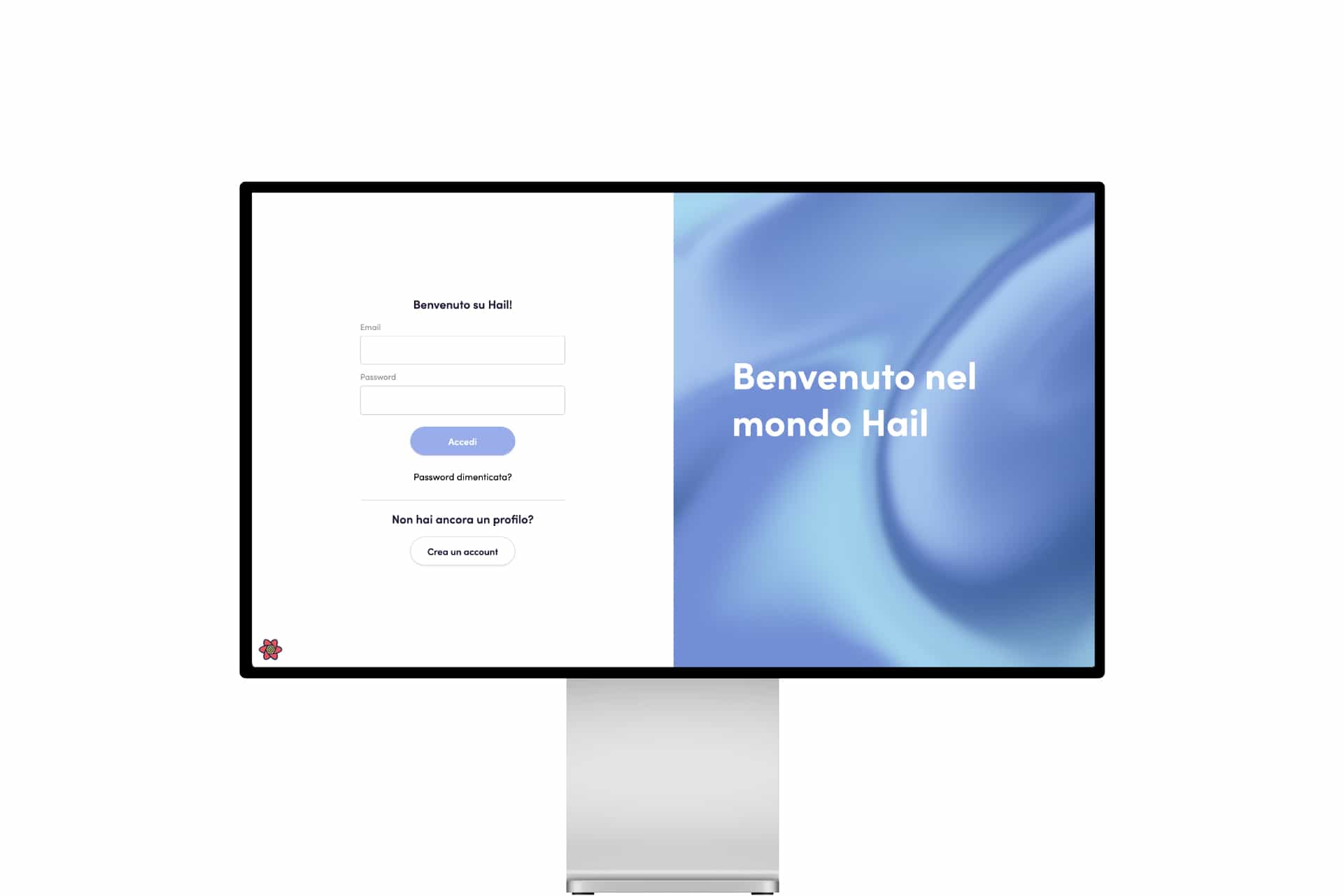 La schermata di accesso di Hail su monitor: Benvenuto nel mondo Hail