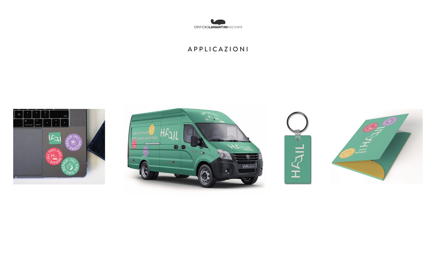 Strada 02, applicazioni: furgone, portachiavi e cartellina in verde acqua