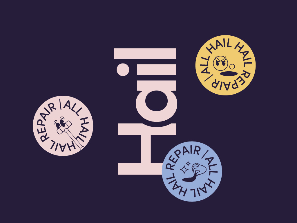 Il marchio Hail in rosa su viola, con tre bollini: All Hail Repair