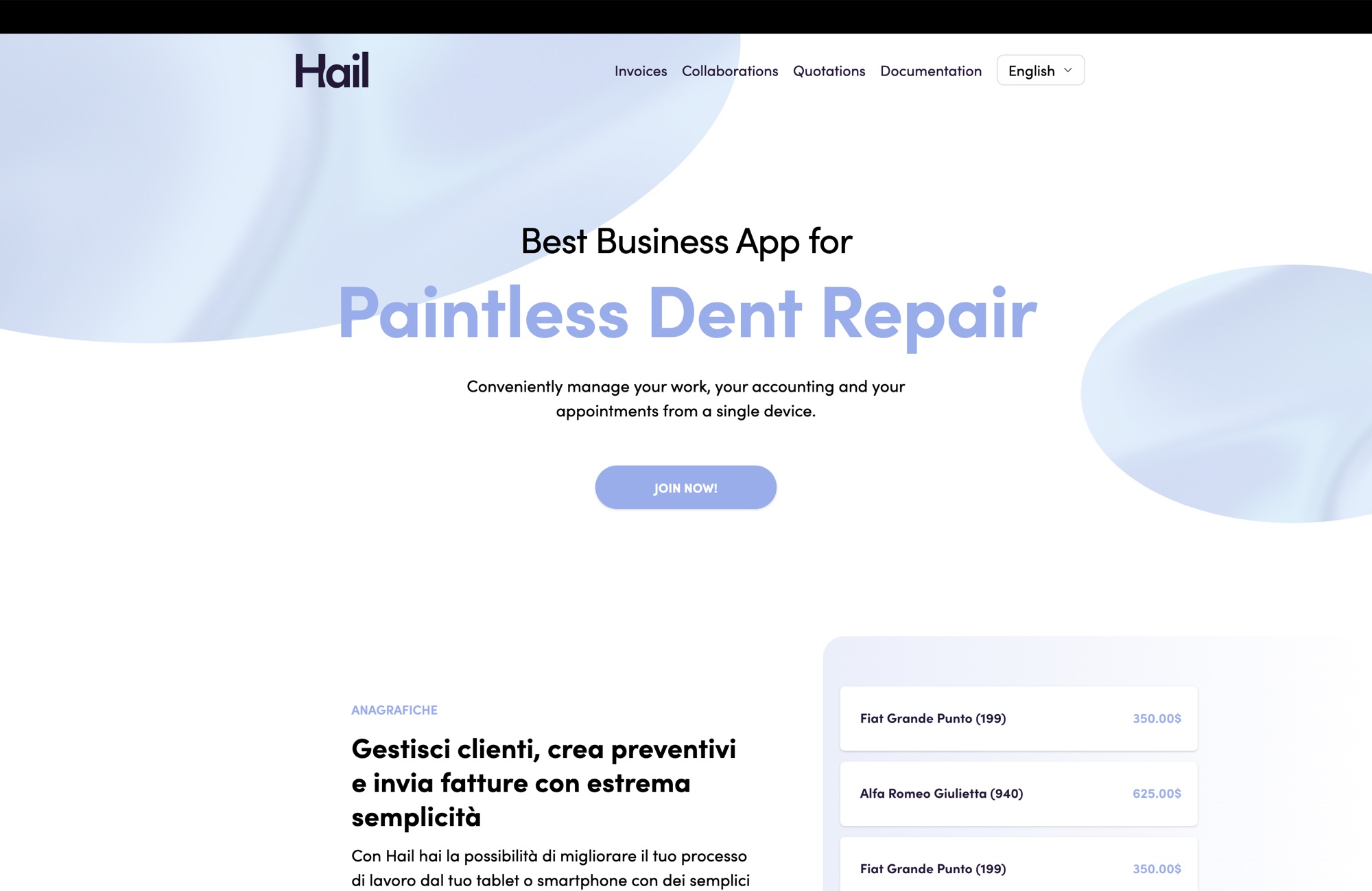 Il sito di Hail in inglese: la prima schermata dedicata al Paintless Dent Repair