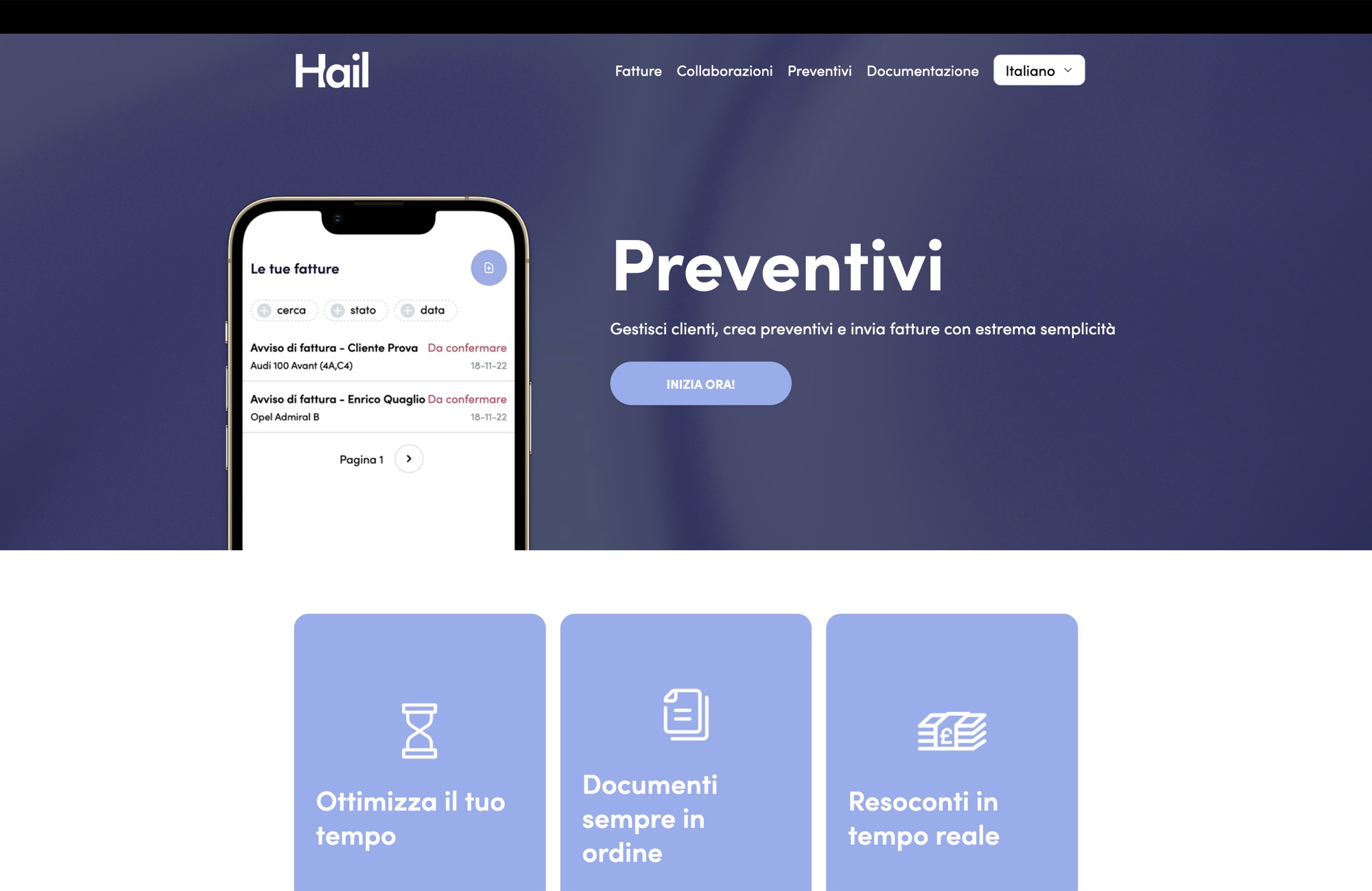 Il sito di Hail: la pagina Preventivi con l’app su smartphone e tre vantaggi