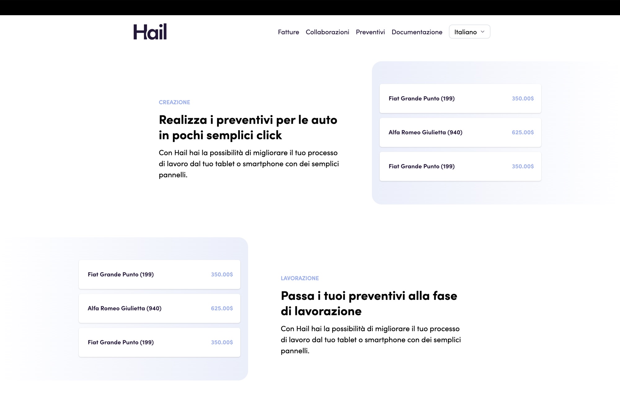 Il sito di Hail: preventivi in pochi clic e passaggio alla fase di lavorazione