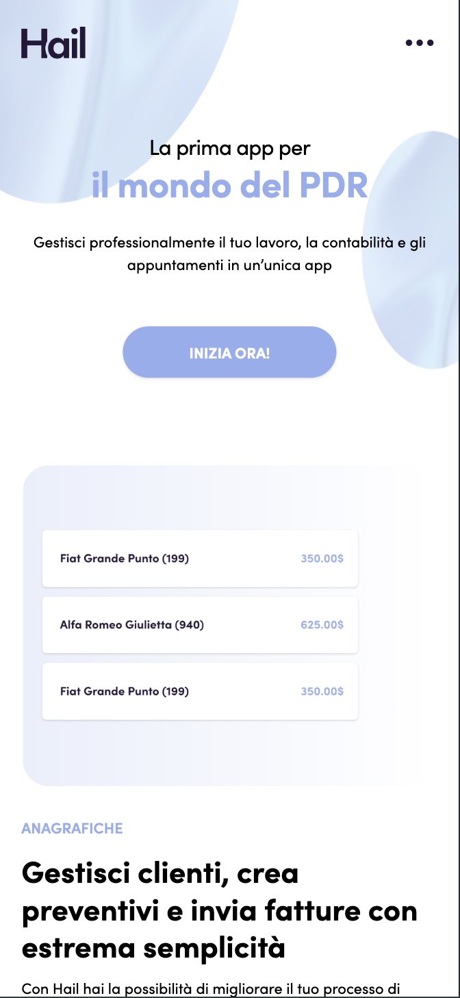 Il sito di Hail su smartphone: la prima schermata e le funzioni