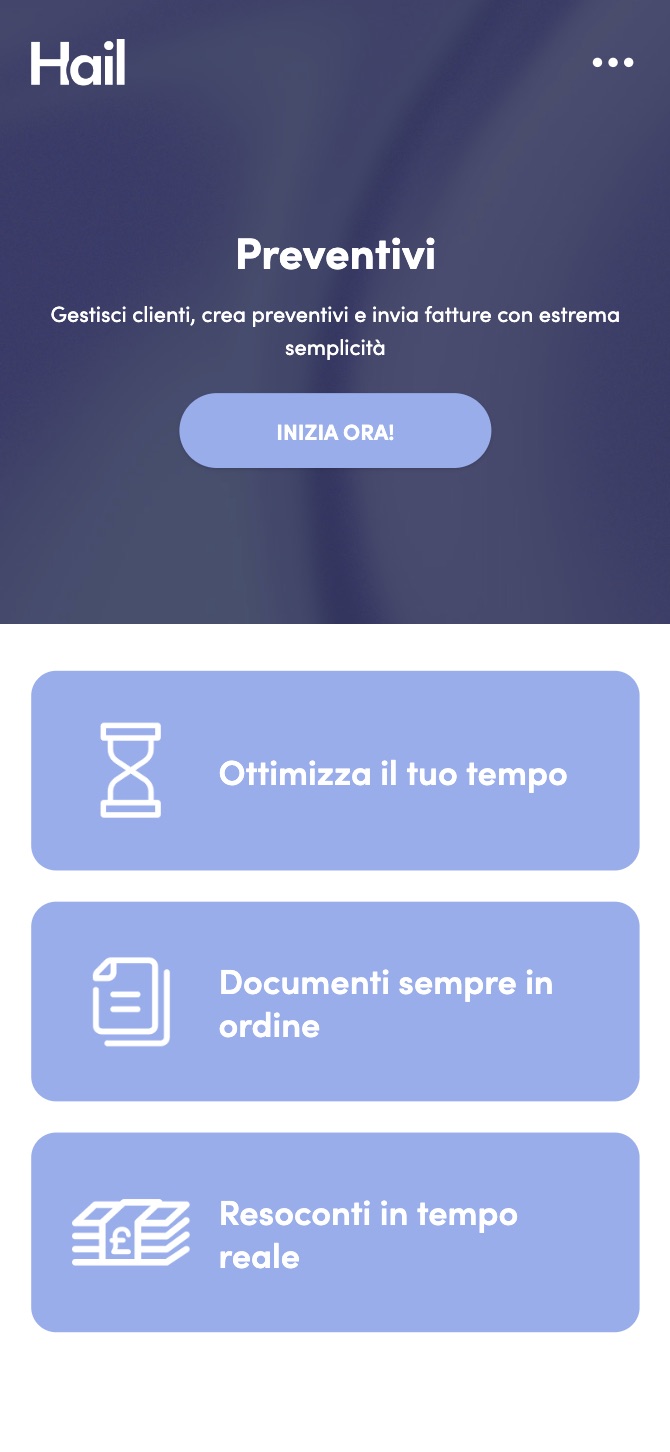 Il sito di Hail su smartphone: la pagina Preventivi
