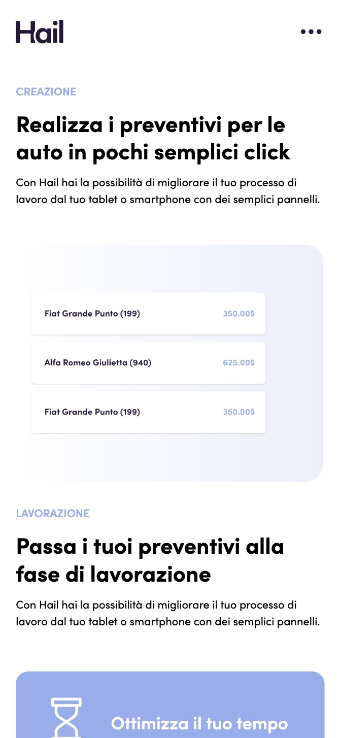 Il sito di Hail su smartphone: i preventivi e la fase di lavorazione
