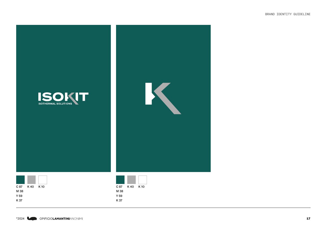 Brand guidelines Isokit: marchio e simbolo K in negativo sul verde