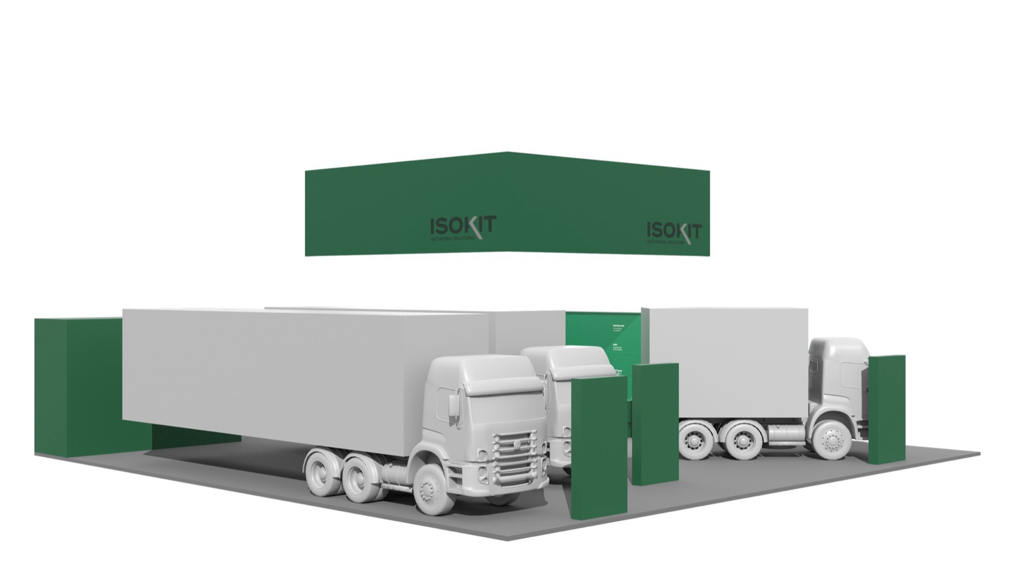 Render dello stand Isokit al Transpotec 2026 con i mezzi allestiti