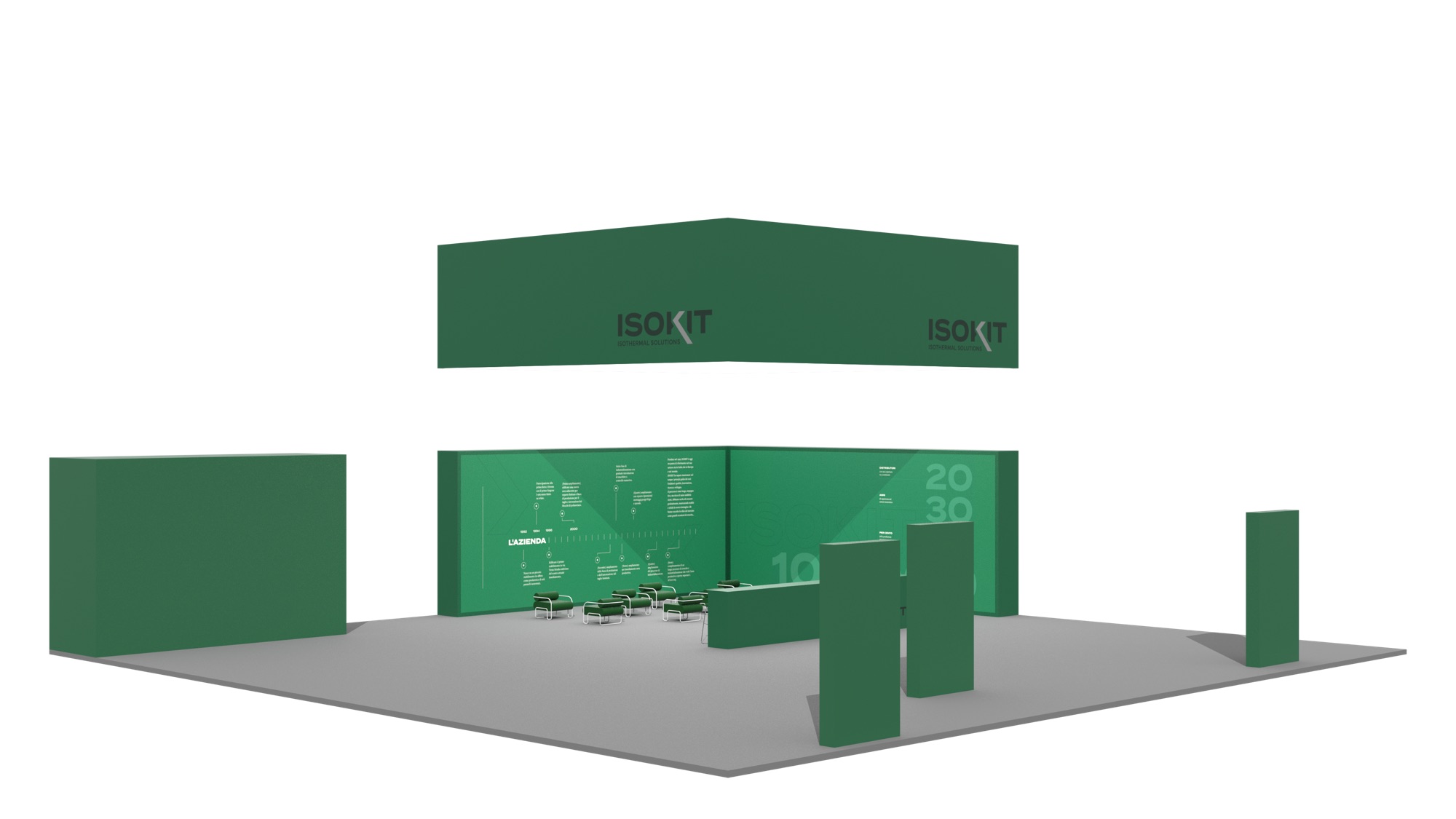 Render dello stand Isokit, vista laterale