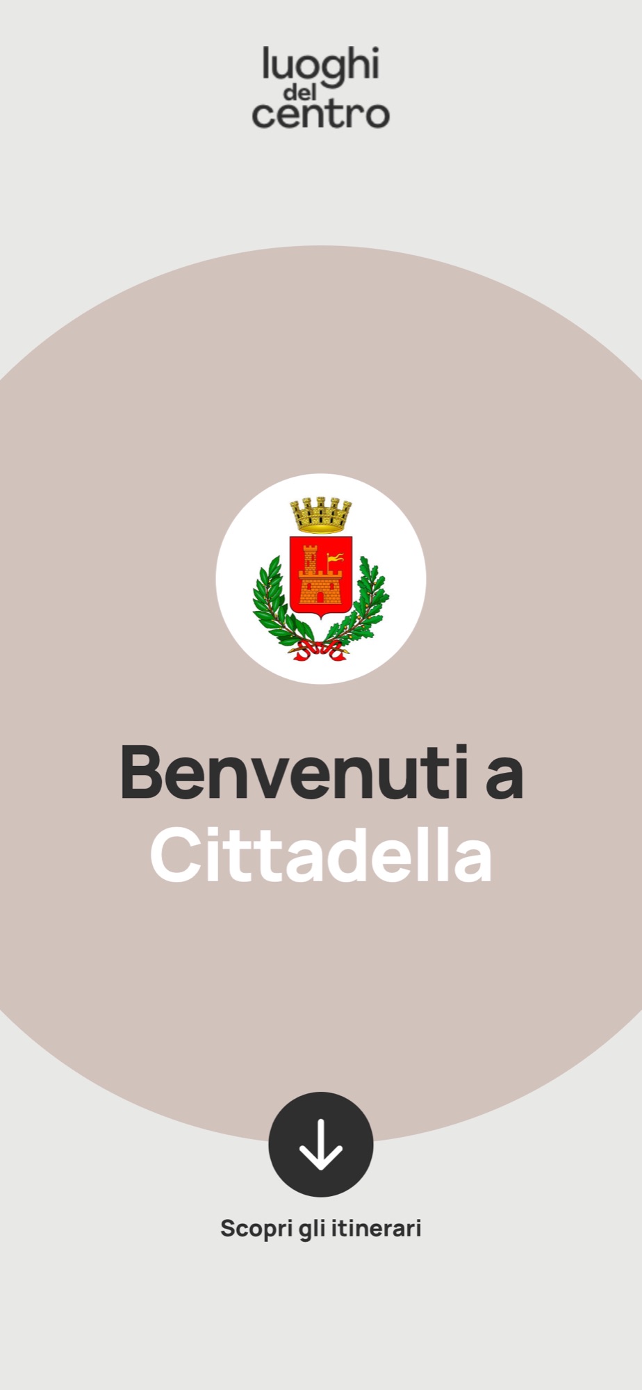 Schermata di benvenuto di Cittadella, con lo stemma del Comune dentro una forma tortora
