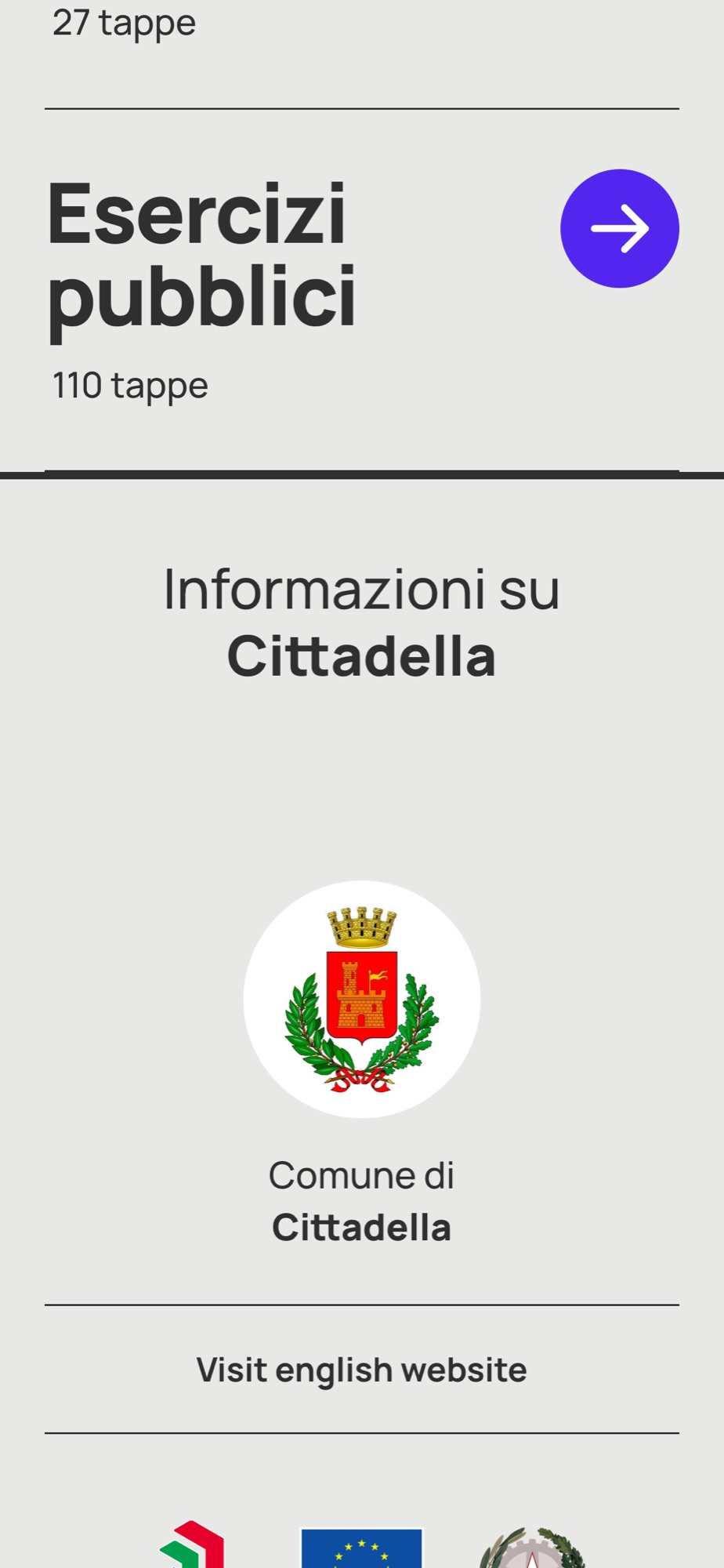 Il blocco informativo di Cittadella, con lo stemma del Comune e il rimando alla versione inglese