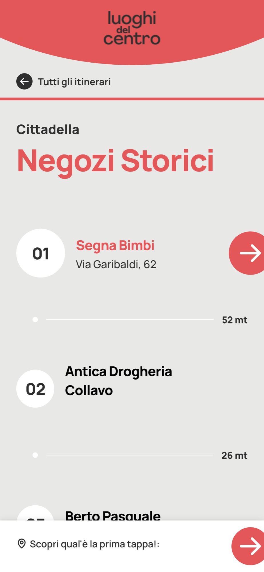 Itinerario Negozi Storici di Cittadella: le prime tappe numerate, con le distanze in metri